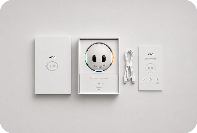 AÏDO démontée — coque, anneau LED, base, câble USB-C