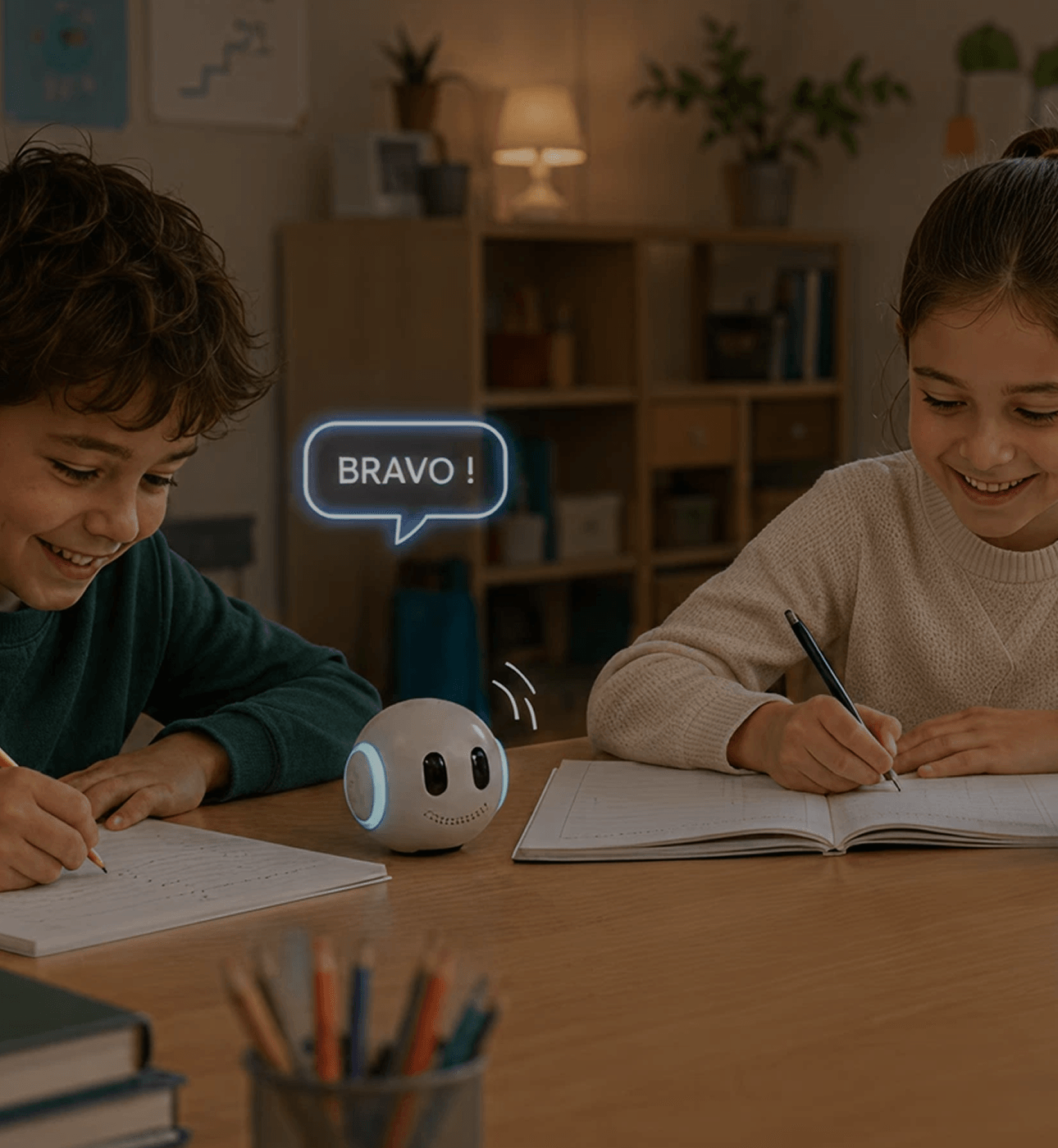 Deux enfants qui font leurs devoirs avec AÏDO, bulle « BRAVO ! »