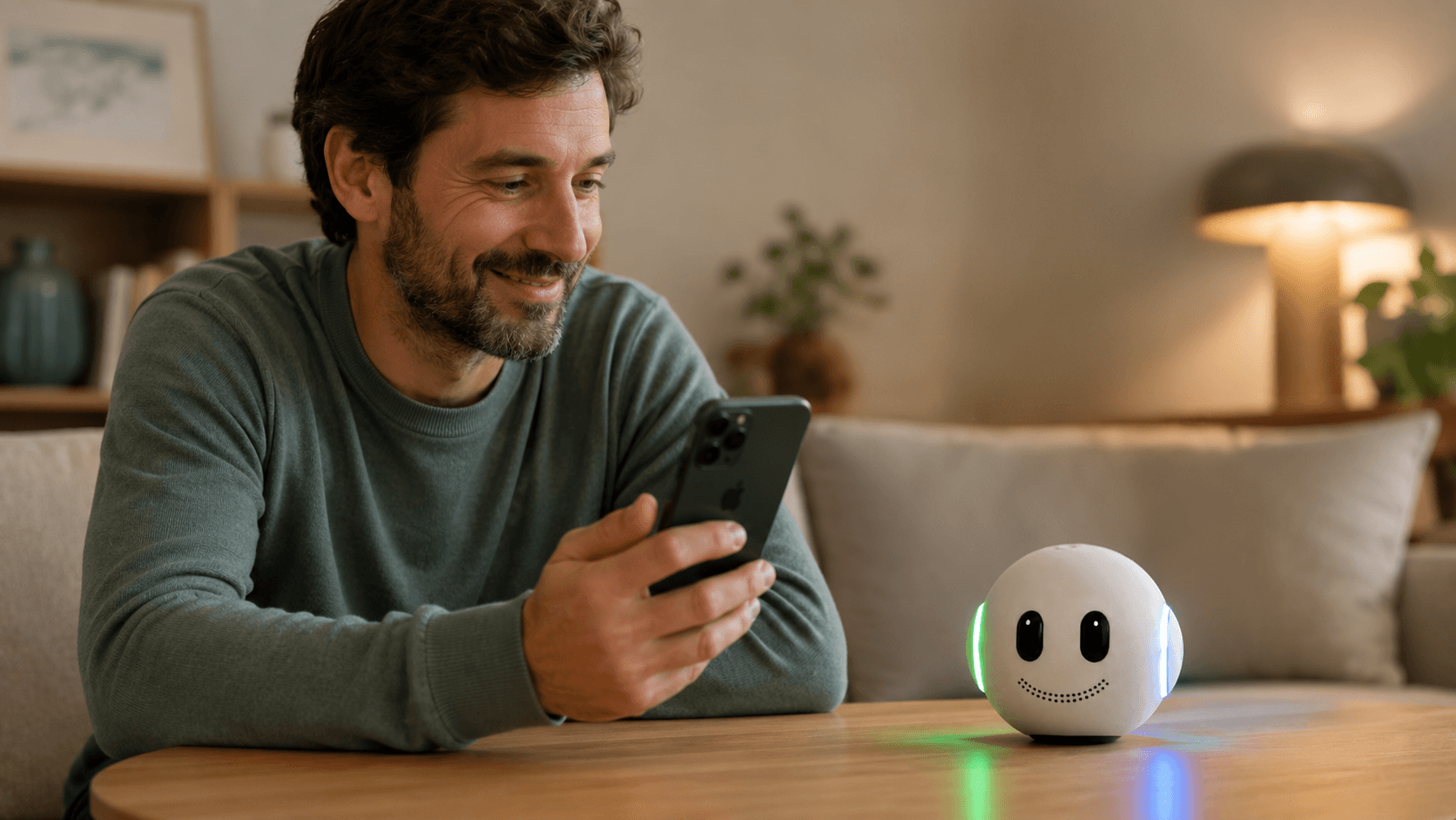 Un parent consulte l'app AÏDO sur son téléphone, la sphère à proximité