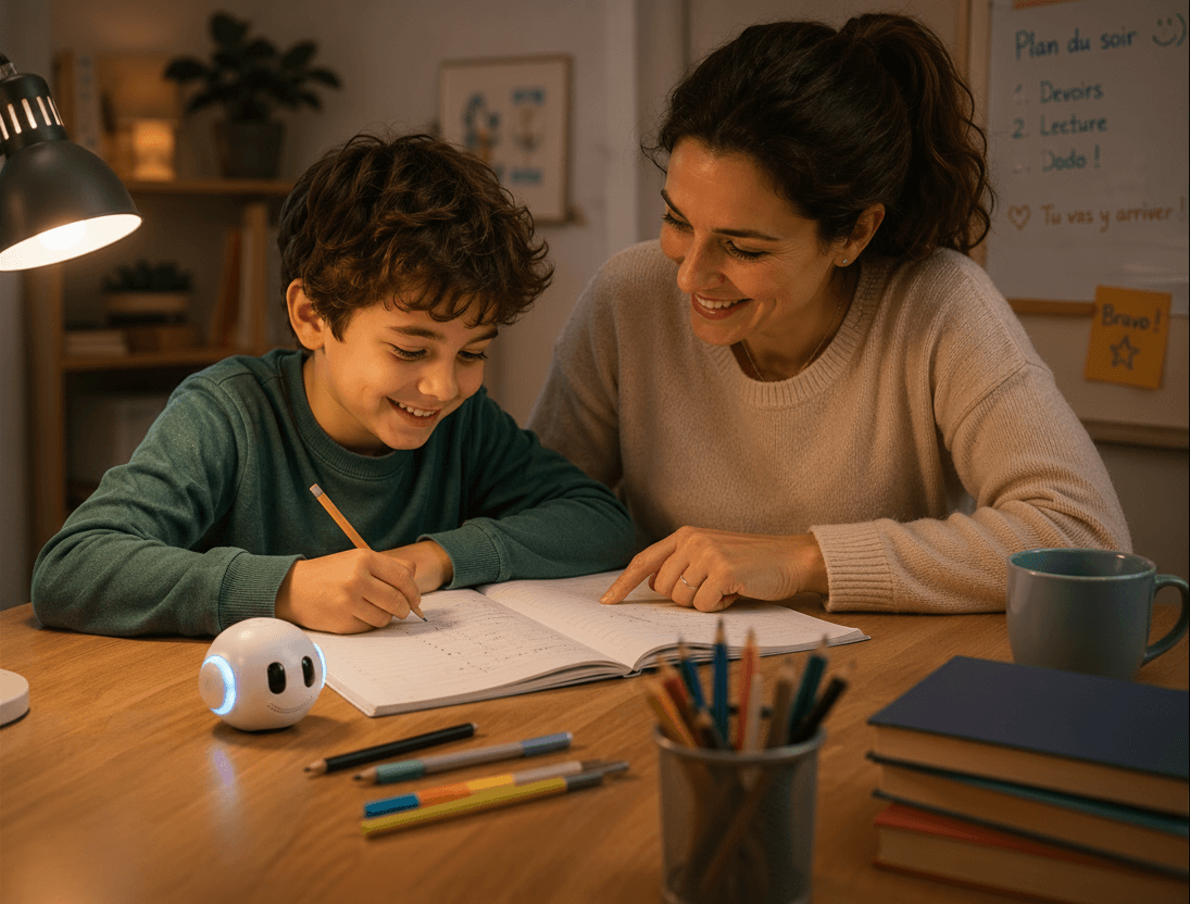 Un enfant et son parent autour d'AÏDO pendant les devoirs